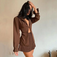 Koisoon Skirts Womens Turn-down Collar Button Two Piece Set Brown Long Sleeve Top High Waist Skirt Women Autumn Sexy Slim Office Outfits