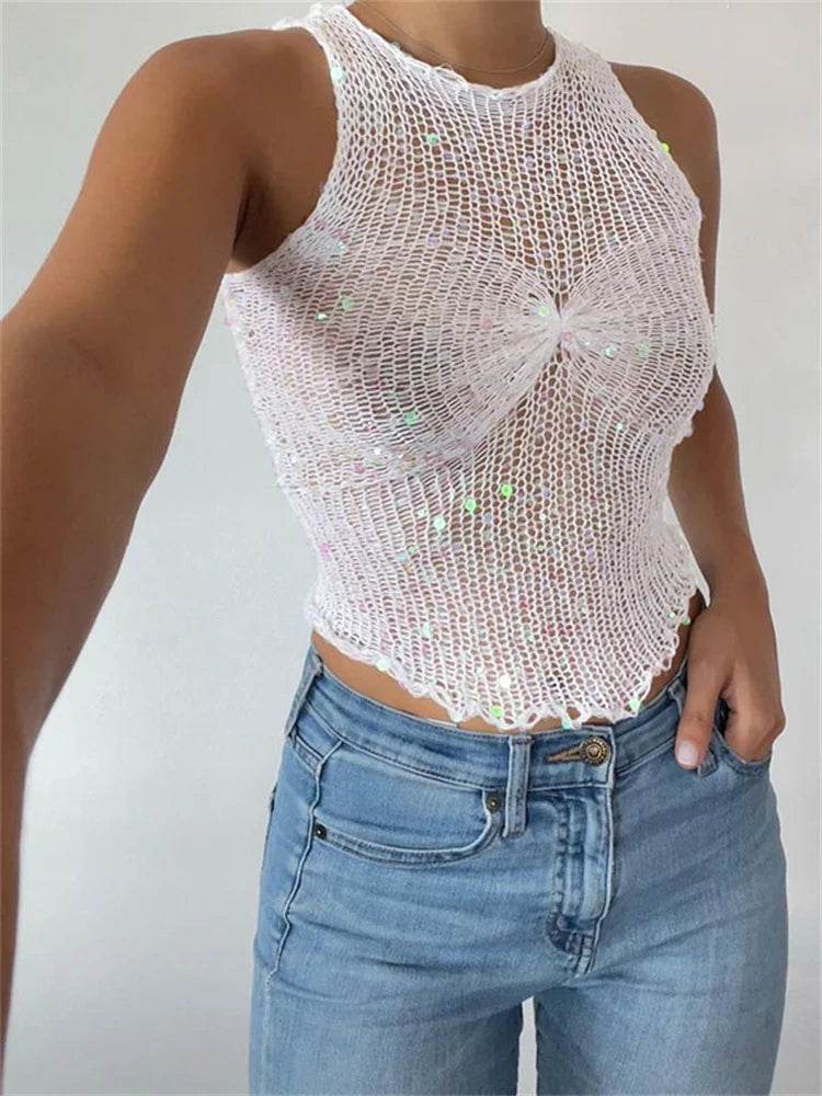 Koisoon Sequin Mesh See-Through Vest Cute Sleeveless For Women Crop top Glitter Fashion Casual Streetwear Hollow Out Slim Tank Top