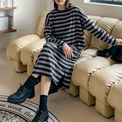 Koisoon Korean Fashion Women Oversized Black Gray Striped Dress Spring Autumn New Versatile Casual Side Slit Loose Long Sleeve Dresses