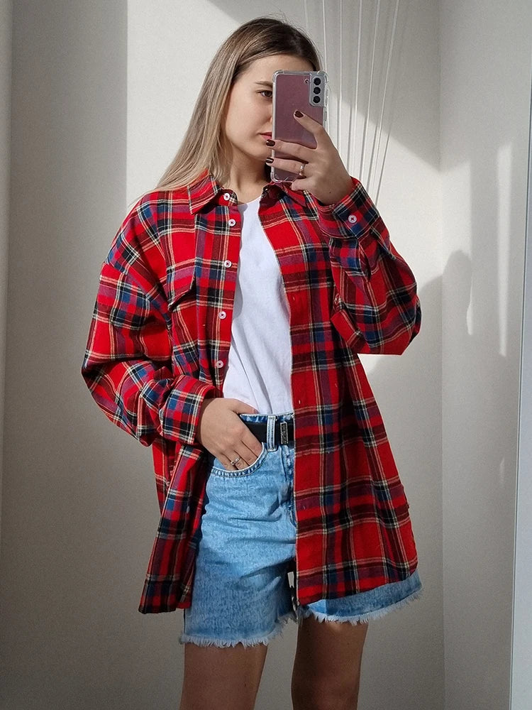 Koisoon Bright Gingham Oversized Shirts For Women Street Style Casual Shacket Blouses And Tops Single-Breasted Spring 2024