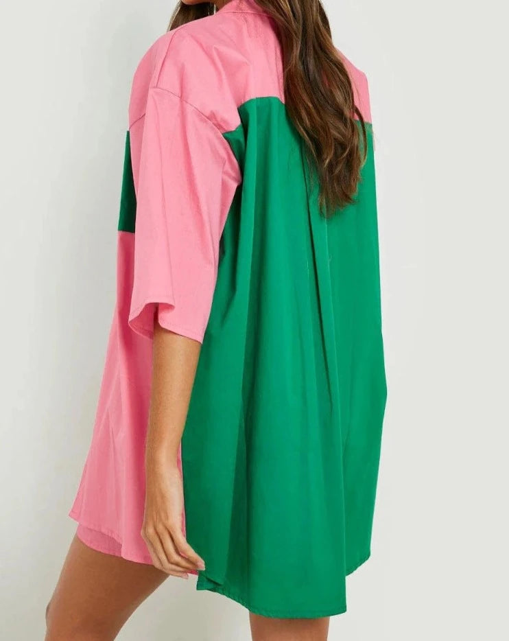 Koisoon Fashion Cotton Women Two Piece Short Sets Summer Spliced Green Pink Oversized Shirt + Shorts 2 Pieces Suit Set