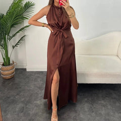 Koisoon Casual Sleeveless Lace Up Satin Dress 2024 Women's Elegant Party Long Dresses Fashion Halter Hollow Split Beach Dress Vestidos