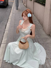 Koisoon French Vintage Backless Midi Dress Women Sweet Lace Bow Design Slim Strap Dress 2024 Summer Elegant Retro Evening Party Dress