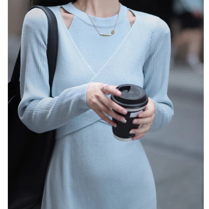 Koisoon Woman Kintted Bodycon Dress Fashion Cross Long Sleeve Hip Wrapping Slim Long Dresses New Autumn Female Elegant Commute Robe