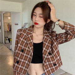 Koisoon Women Plaid Suit Coat Korean Casual Female Cropped Tops Y2K Fashion Designed Button Loose Long Sleeve Coats Autumn New