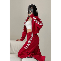 Koisoon 2 Piece Women Clothes Striped Tracksuit Pant Sets Korean Harajuku Fashion Casual Loose Red Joggers Sports Coats Trousers Sets