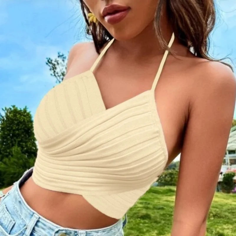 Koisoon Summer Women Sexy Cross Halter Knitting Camis New Fashion Female Clothing Black White Contrast Sweet Short Crop Top Tanks