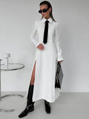 Koisoon Side Slit Long Dress For Women White Elegant Turn Collar Tie Midi Dresses Femme 2024 New Street Loose Slender Dress Woman