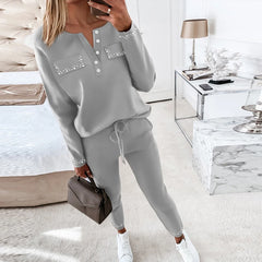 Koisoon Spring Button-up Beading Top Pullover & Sweatpants Outfits Women Casual Sports Tracksuit Autumn Long Sleeve Sweatshirt Suit Sets