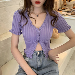 Koisoon Vintage Ruffles Women Knitted T Shirts Summer Korean Short Sleeve Crop Tops Button Up Sexy V Neck Cardigan Female Tees