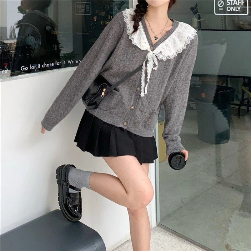 Koisoon Kawaii Cardigan Korean Style Sweet Sweater Lace Knited Tops Grey Cutecore Cardigan Sweaters Autumn Winter Aesthetics