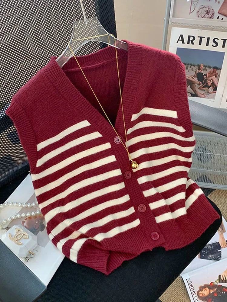 Koisoon Elegant Striped Women Cardigan Sweater Sleeveless Fall Single Breasted Knitted Vest Black Korean Office Ladies Thin Coats