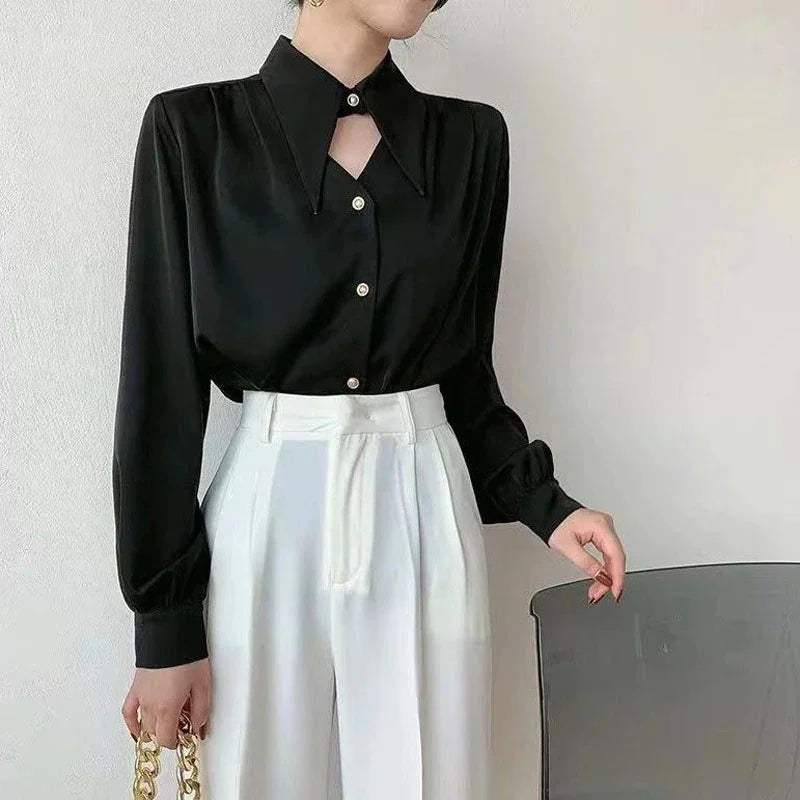 Koisoon Elegant Chic Shirts Women Turn Down Collar Long Sleeve Hollow Out Blouse Office Lady Spring Korean Ol Solid Button Tops