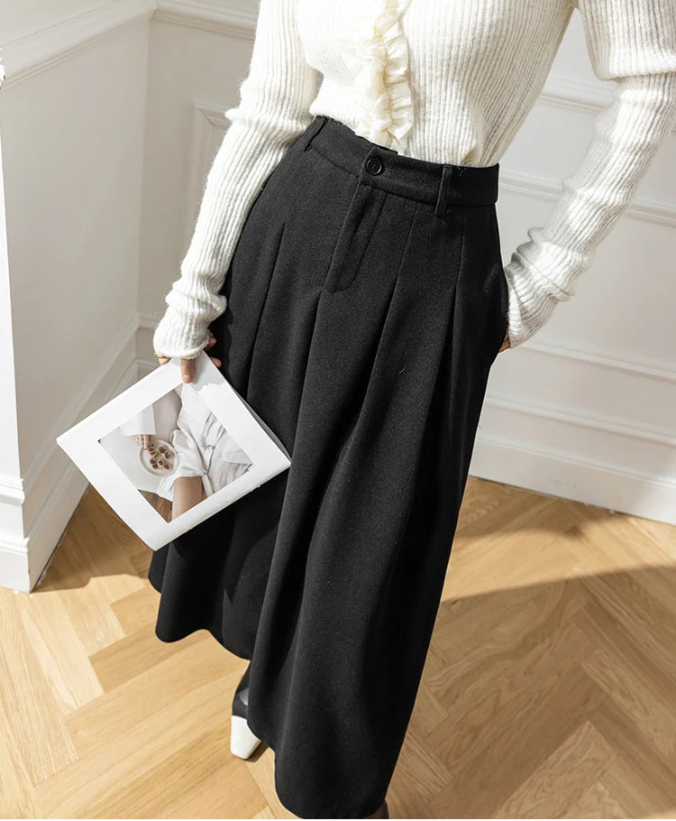 Koisoon Elegant Women Faux Woolen Skirts For Office Ladies Pockets Casual Loose A-Line High Waist Midi Skirt Autumn Winter