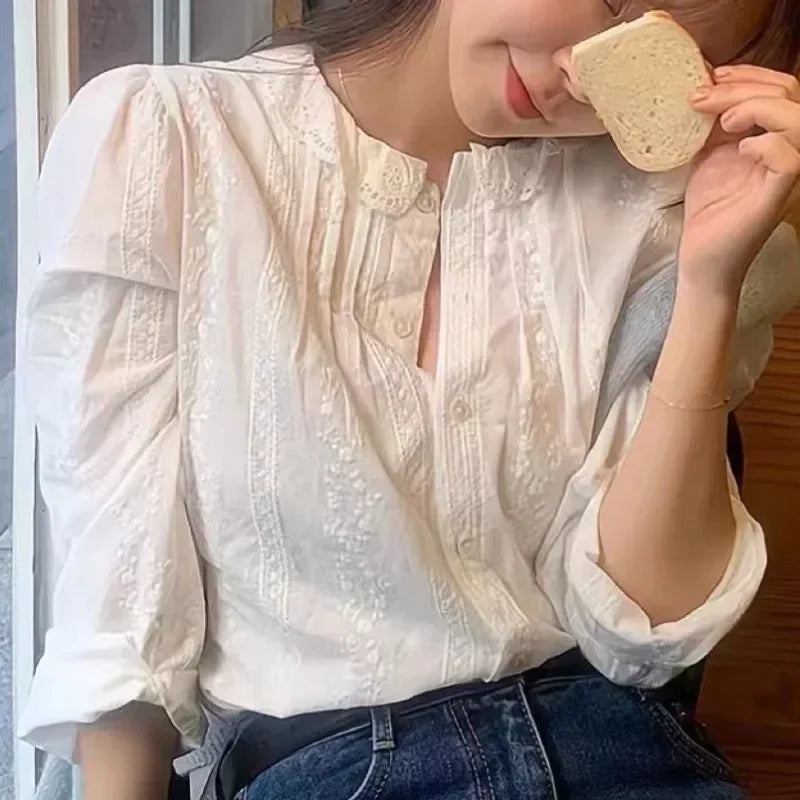 Koisoon Long Sleeve Lace White Shirts New Fashion Embroidered Woman Blouse Vintage Loose Women Korean Doll Collar Tops