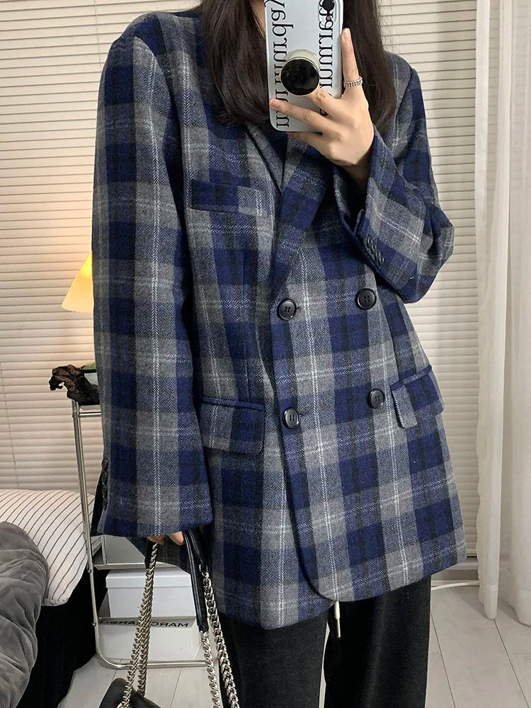 Koisoon Vintage Faux Woolen Plaid Blazers Coat Women Streetwear Loose Retro Jackets American Harajuku Long Sleeve Outwear Tops New