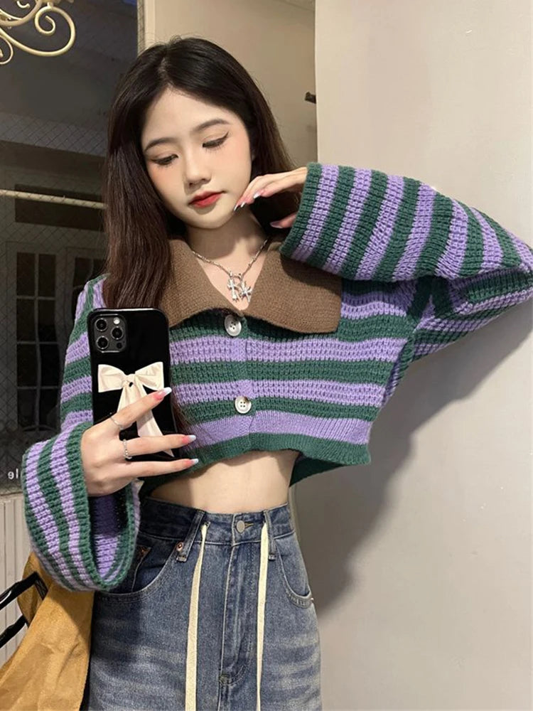 Koisoon Sexy Cropped Striped Cardigan Women Fashion Flare Sleeve Loose Knitted Sweaters Casual Autumn Korean Lazy Wind Lady Outwear