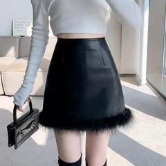 Koisoon High Waist Buttocks Leather Short Skirt Fur Patchwork White Jupe Sexy Faldas Mujer Black Slim Fit Autumn New