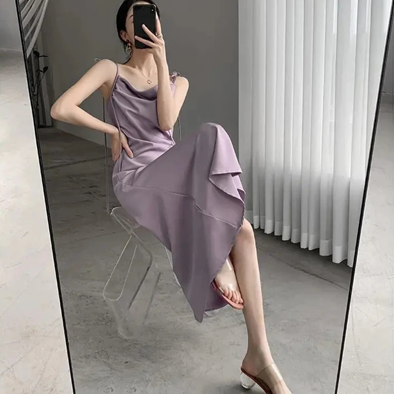 Koisoon Elegant Pleated Satin Midi Dress Women Sexy Silk Straps Lace Up Long Dresses Woman Chic Purple Party Dress Female