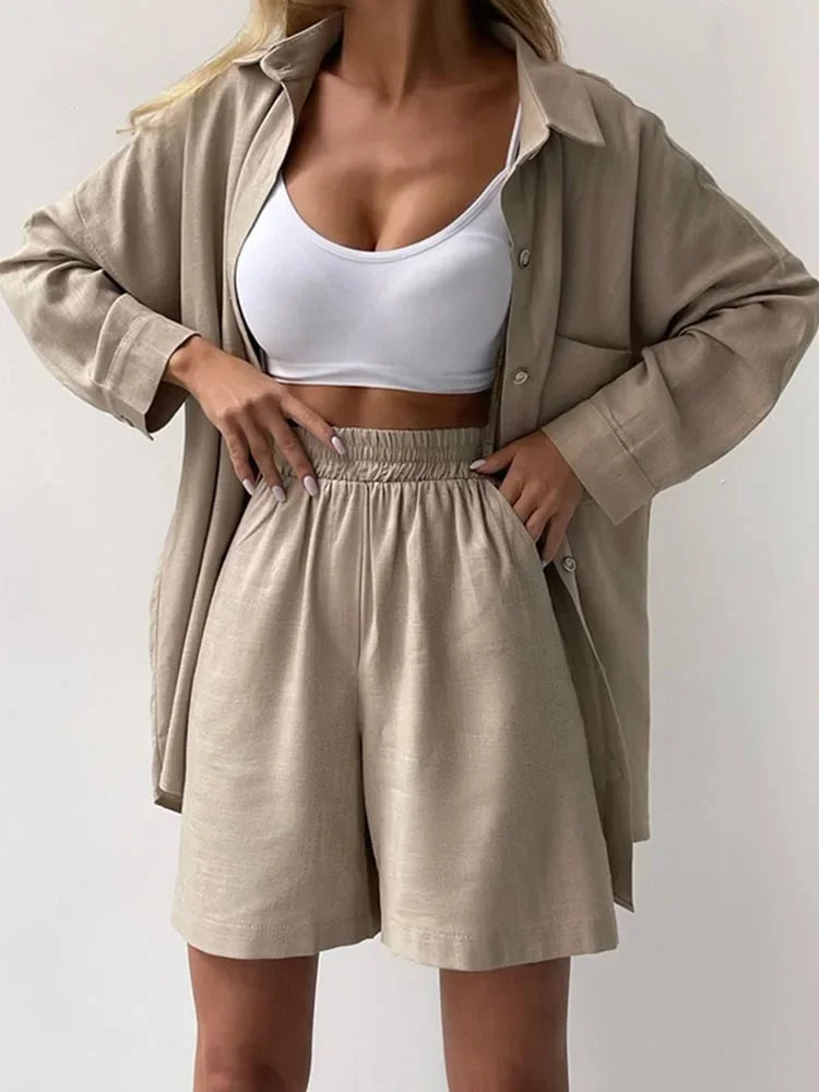 Koisoon Summer Women's Suit Shirt and Short Sets Solid Color Casual Cotton and Linen Blouse and Shorts Two Piece Sets Women Outfit 2024