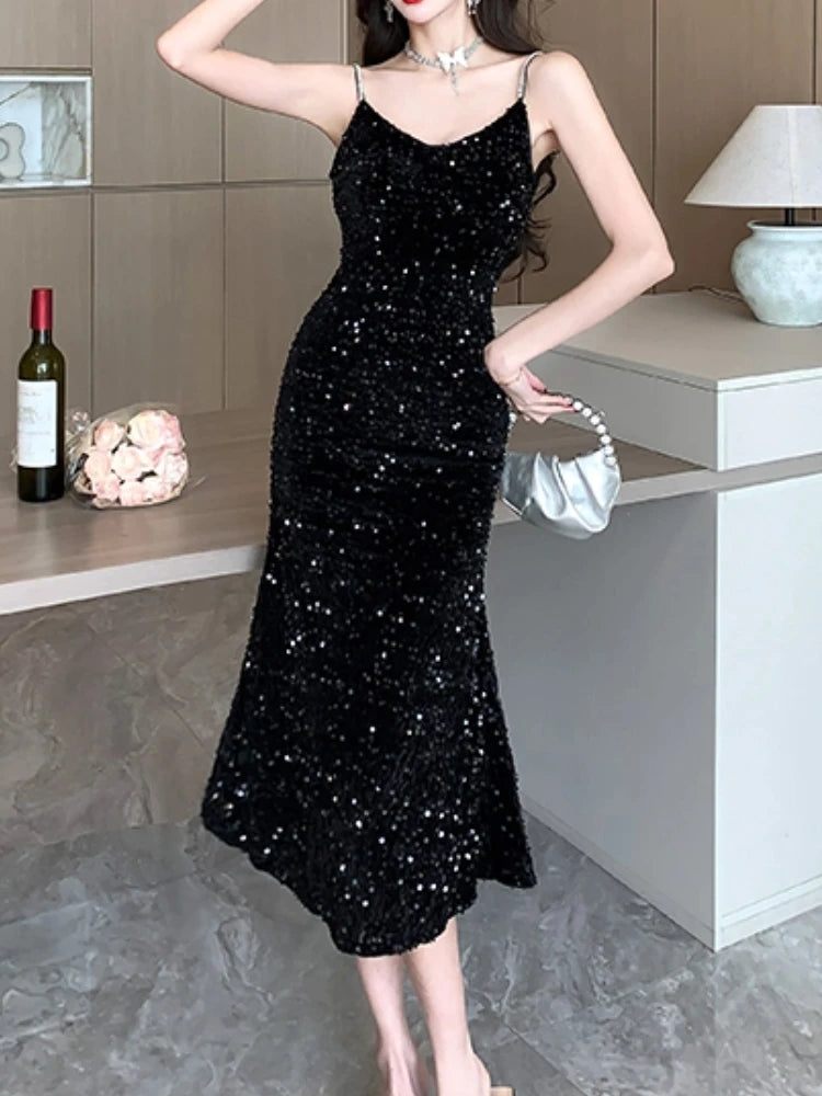 Koisoon Sexy Women Fashion Casual Sleeveless Party Black Dress Elegant A-Line Prom Evening Club Dresses Female Spaghetti Strap Long Robe