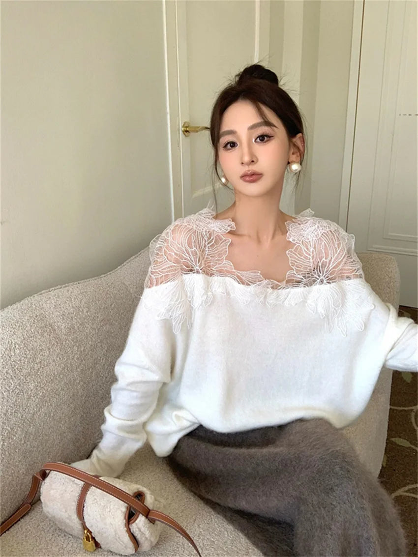 Koisoon Elegant Lace Patchwork Knitted Sweaters Women Chic Lady Spring 2024 Office Wear Pullovers Daily Loose Slim Casual