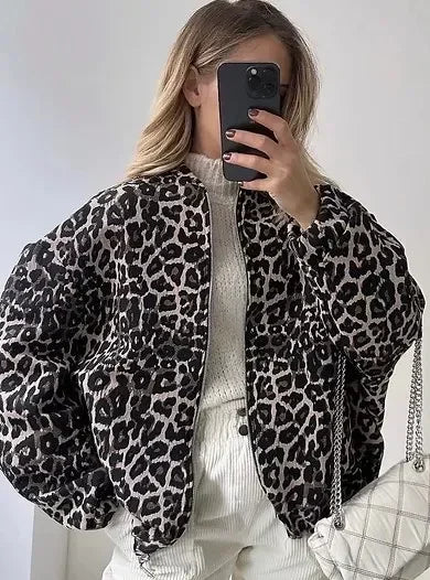 Koisoon Retro Leopard Print Short Coats Women Chic O-neck Long Sleeve Zipper Jackets 2024 Female Autumn Winter Warm High Street Outwear