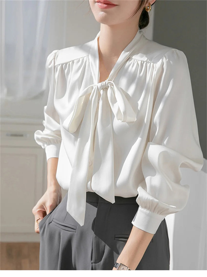 Koisoon S-XL Women New Elegant Shirts Formal Chic Work Wear Loose Full Sleeve Minimalist Bow All Match Office Lady