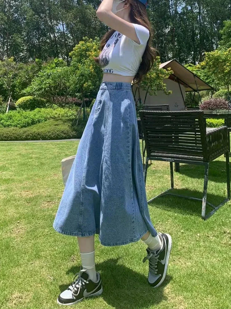 Koisoon Korean Women Denim Skirts Elastic High Waist A Line Jeans Long Skirts Blue Plus Size Cotton Female Skirts New 5Xl