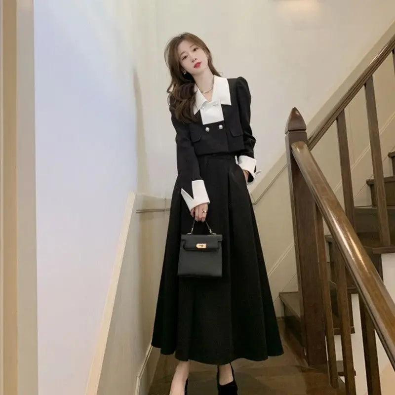 Koisoon Autumn Elegant 2 Piece Dress Set Women Slim Vintage Party Office Lady Korean Suit Long Sleeve Crop Tops + Casual Midi Skirt