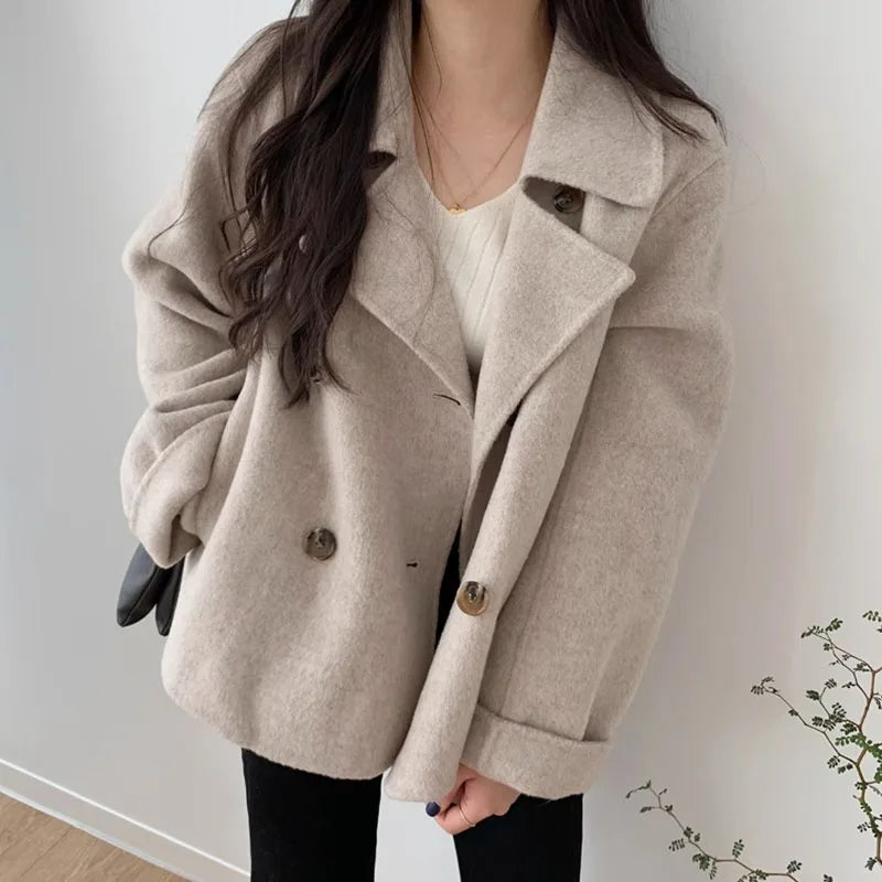 Koisoon Elegant Faux Woolen Coats Korean Women Fashion Designed Button Loose Jacket Female All Match Streetwear Blended Overcoat