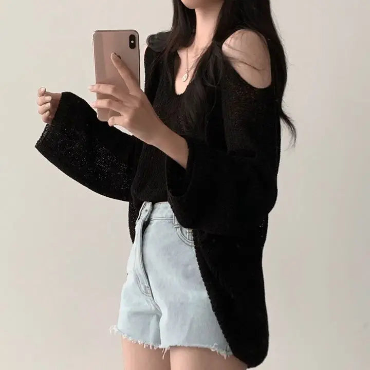 Koisoon Spring Summer Autumn Fashion Casual Solid Hollow Out Pullover Women's Soft Slim Tees Knitted Gentle Sexy Loose Sweater Top