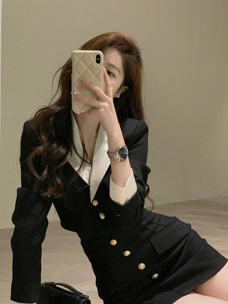 Koisoon Black Y2k Mini Skirt Set Women Casual Korean 2 Piece Dress Set Crop Tops Jacket Tops + Short Skirts Elegant Suit Autumn New