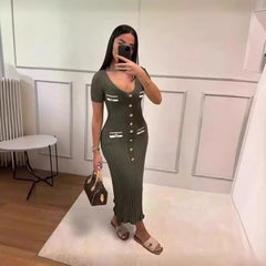 Koisoon Summer Knitted Long Dress Women Elegant Short Sleeve V-neck Slim Party Dresses Fashion Button Solid Basic Maxi Dresses 2024 New