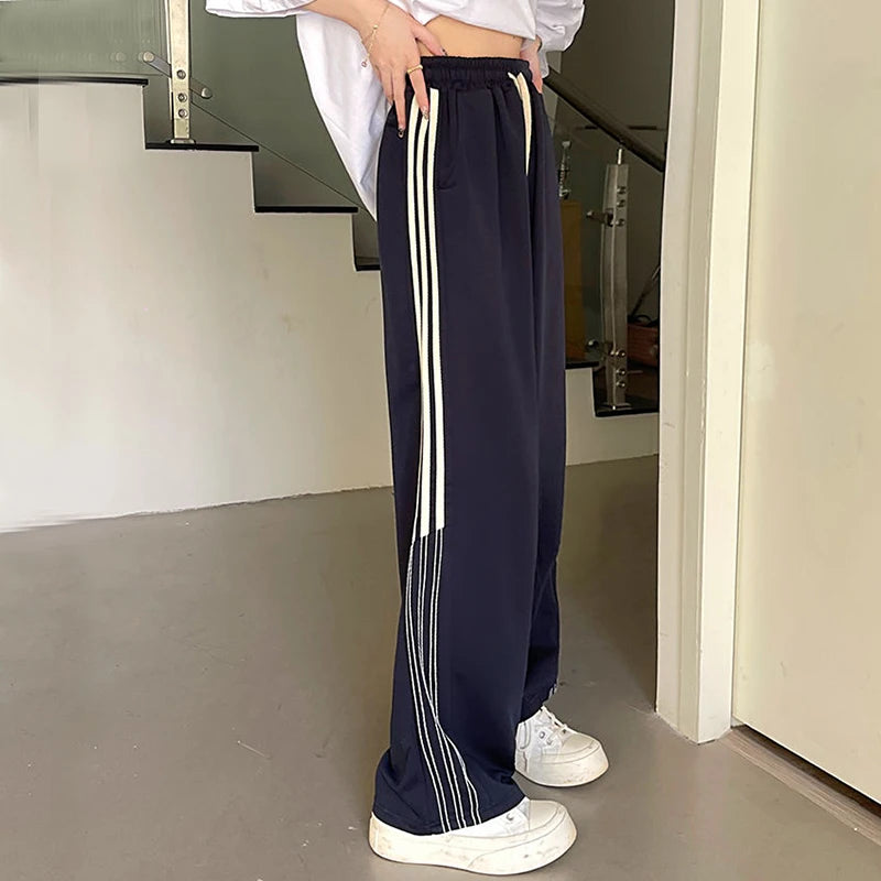 Koisoon Vintage Women High Waist Sweatpants American Style Fashion Striped Loose Wide Leg Pants Summer Female Streetwear Y2K Trousers