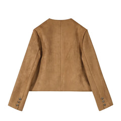 Koisoon Elegant Vintage O Neck Suede Coats for Women Spring Autumn 2024 New Jacket Women Long Sleeve Simple Chic Cropped Tops