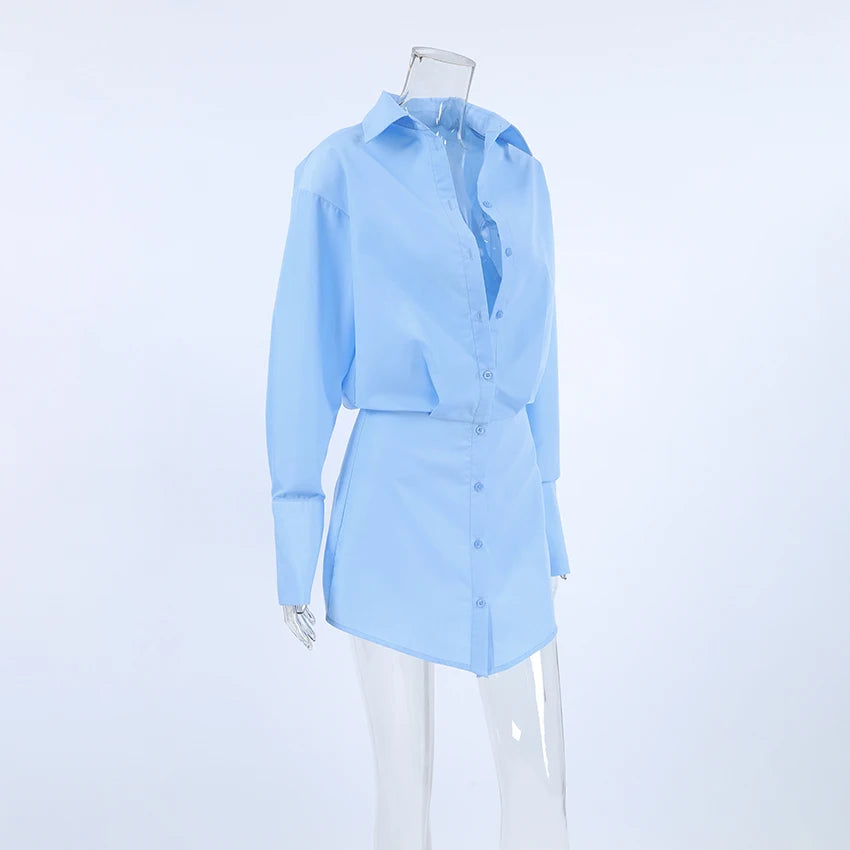 Koisoon Blue Shirts Dress Slim Women Classic Lapel Long Sleeves Pleated Pencil Mini Dress Summer Autumn 2024 Office Ladies