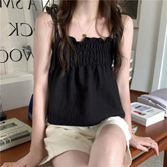 Koisoon Sexy Off Shoulder Camis Women Summer Ruched Loose Lace Up Tops Y2K All Match Female Korean Black Tanks New