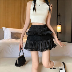 Koisoon Summer Sweet Skirts Women High Waist Slim A-line Gauze Jupe Faldas Mujer Korean Fashion Mini Skirt Black White Y2k Clothes