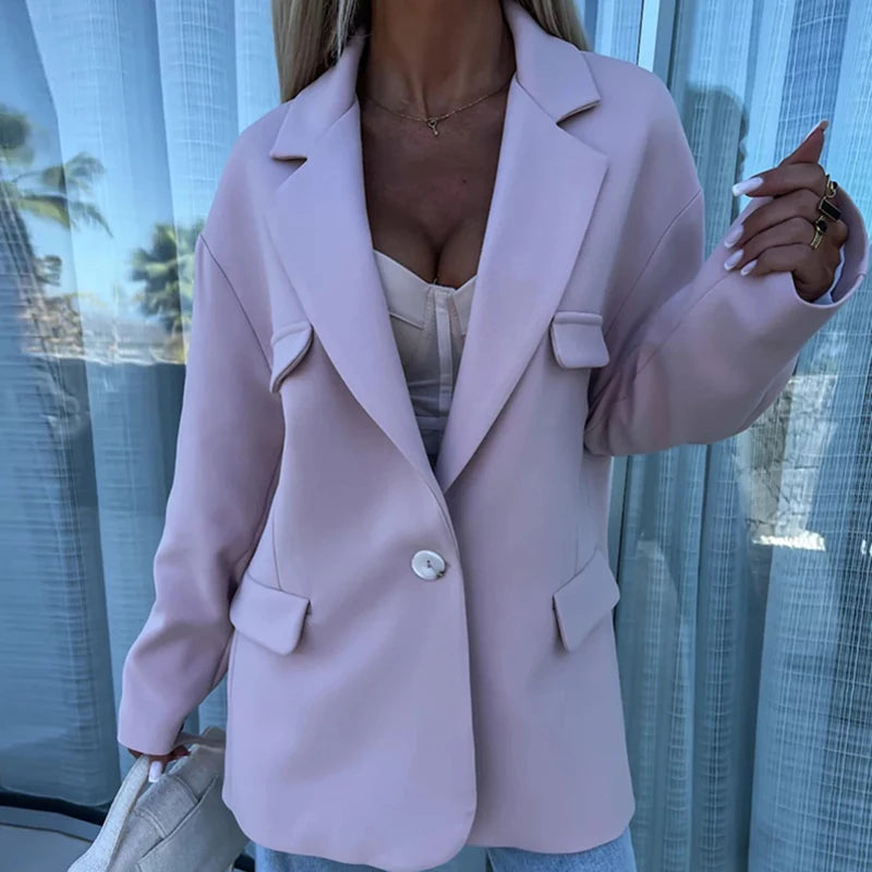 Koisoon Elegant Single Button Straight Blazer Women Jacket 2024 Spring Notched Collar Office Top Cardigan Autumn Long Sleeve Solid Coats