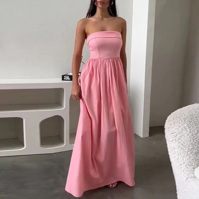 Koisoon 2024 Spring Sexy Strapless Draped Party Dress Women Elegant Off Shoulder Hollow Long Dress Summer Backless Hem Boho Maxi Dresses