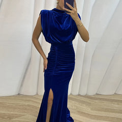 Koisoon Sexy O-neck Sleeveless Soft Velvet Party Dress Women Spring Solid Slim High Slit Draped Long Dress Summer Hollow Mermaid Dresses