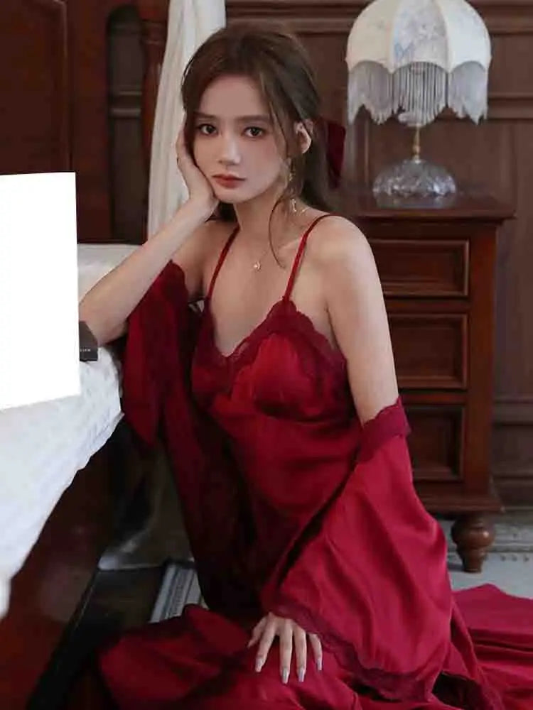 Koisoon Spring Red Silk Strap Dress Women Casual Korean Elegant Long Dress Patchwork Lace Midi Dresses Women Fashion Party V Neck