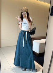 Koisoon Chic High Waist Ladies Long Pockets Lace Up Jeans Skirts 2024 Summer Autumn Women Denim Midi A-Line Maxi Skirts SK46