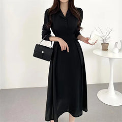 Koisoon Fashion Solid Color Dress Korean Women's Spring New Lapel Elegant Slim Waist Thin Puff Long Sleeve Dresses Office Lady