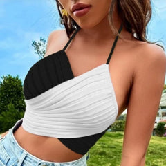 Koisoon Summer Women Sexy Cross Halter Knitting Camis New Fashion Female Clothing Black White Contrast Sweet Short Crop Top Tanks