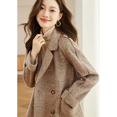 Koisoon Woolen Coats Fashion Office Lady Turn-Down Collar Double Breasted Winter New Jacket For Women Pocket Retro Plaid Outerwea