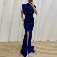 Koisoon Sexy O-neck Sleeveless Soft Velvet Party Dress Women Spring Solid Slim High Slit Draped Long Dress Summer Hollow Mermaid Dresses