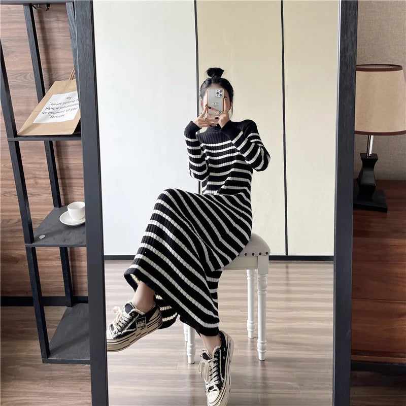 Koisoon Striped Knitted Robe Dresses Clothing For Women Autumn Winter Vintage Casual A Line Long Sleeve Maxi Sweater Dress Female