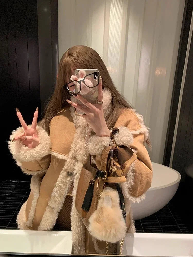 Koisoon Winter Warm Overcoats Women Outwear Casual Y2k Office Lady Vintage Faux Fur Wool Coat Ladies Korean Fashion Khaki Jackets Chic